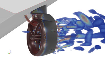 CFD visualisation of flow through a rim drive azimuth thruster, showing velocity structures and turbulence in the wake with colour‑coded flow patterns