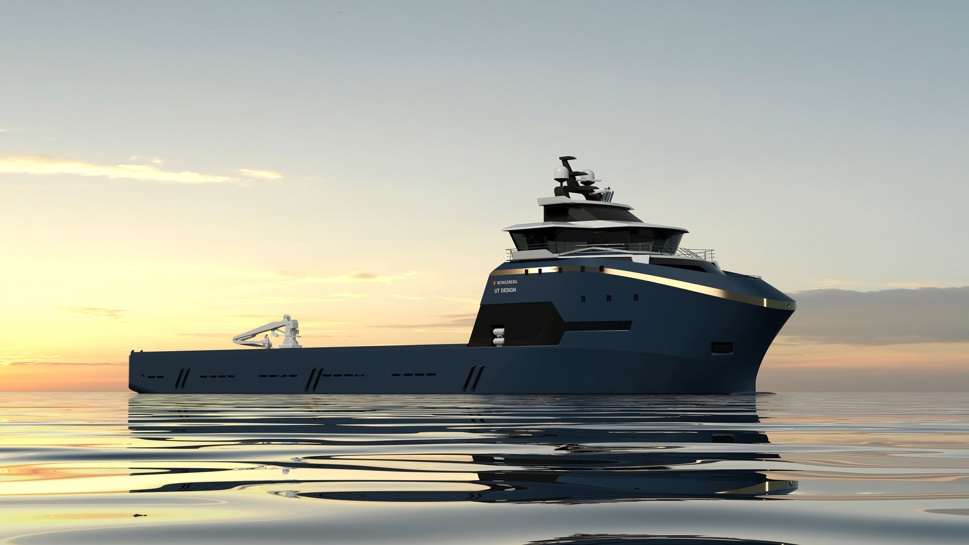 Side view of a modern UT platform supply vessel design at calm sea during sunset