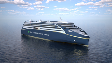 Rendering of a large, modern vessel at sea, viewed from an elevated angle. The ship has a sleek, rounded design with multiple decks and continuous rows of windows along the sides.