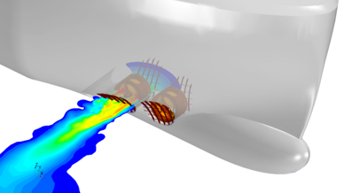 CFD visualisation of flow from a tunnel thruster, showing wake velocity distribution