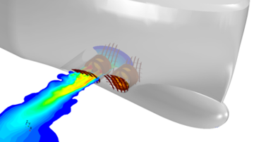CFD visualisation of flow from a tunnel thruster, showing wake velocity distribution