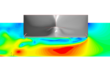 Close-up CFD visualisation of a ship hull showing colour‑coded pressure distribution in the surrounding water flow
