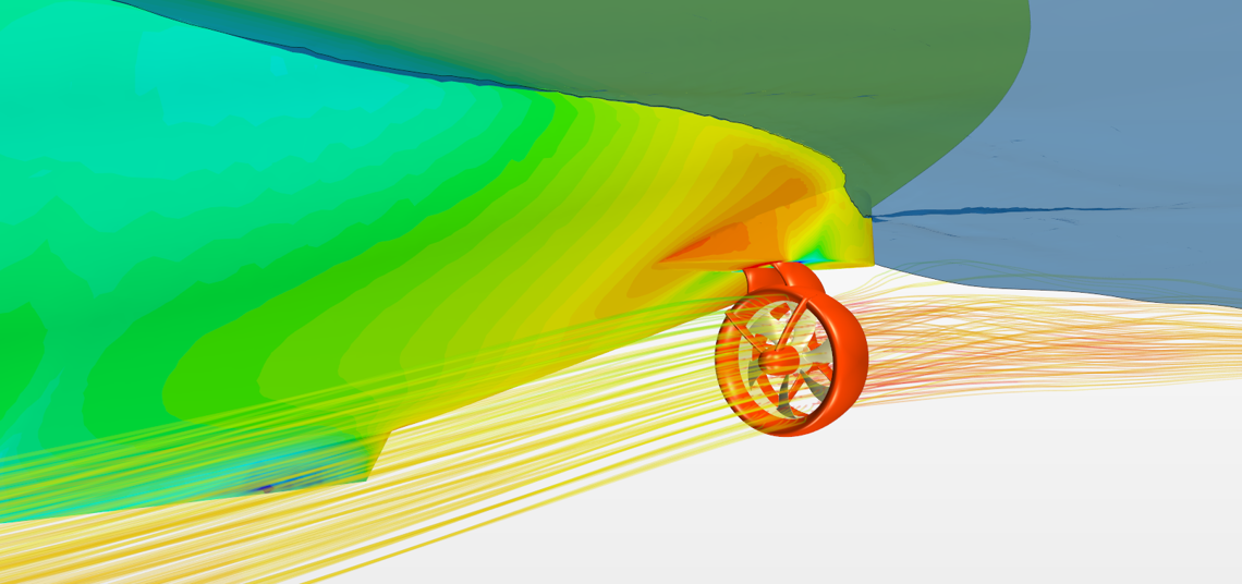 CFD visualisation of flow from an azimuth thruster along the hull, showing wake velocity and flow distribution