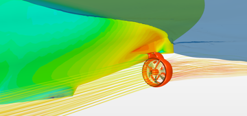 CFD visualisation of flow from an azimuth thruster along the hull, showing wake velocity and flow distribution