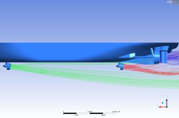 CFD flow lines around a ship hull, propeller and swing-up azimuth thrusters, showing wake patterns