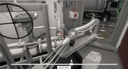 A close-up view of industrial piping and mechanical components mounted on a gray metal platform, shown from inside a structure with an open side revealing part of a parked truck outside