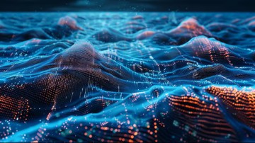 Abstract digital landscape resembling ocean waves, formed by flowing blue lines and mesh-like surfaces.