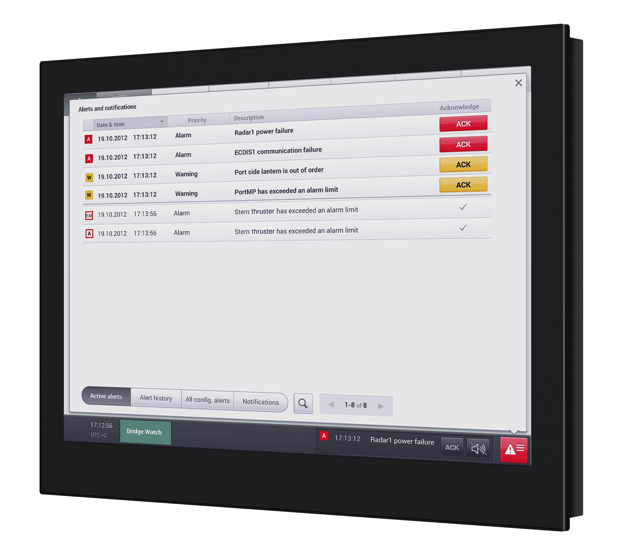 Touchscreen control panel displaying a list of alarm notifications with timestamps, priorities, and acknowledgements, 