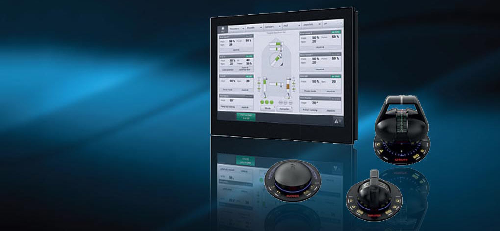 Product display showing a maritime control system with a large touchscreen dashboard, a rotary control knob, and two joystick-style controls arranged on a reflective surface