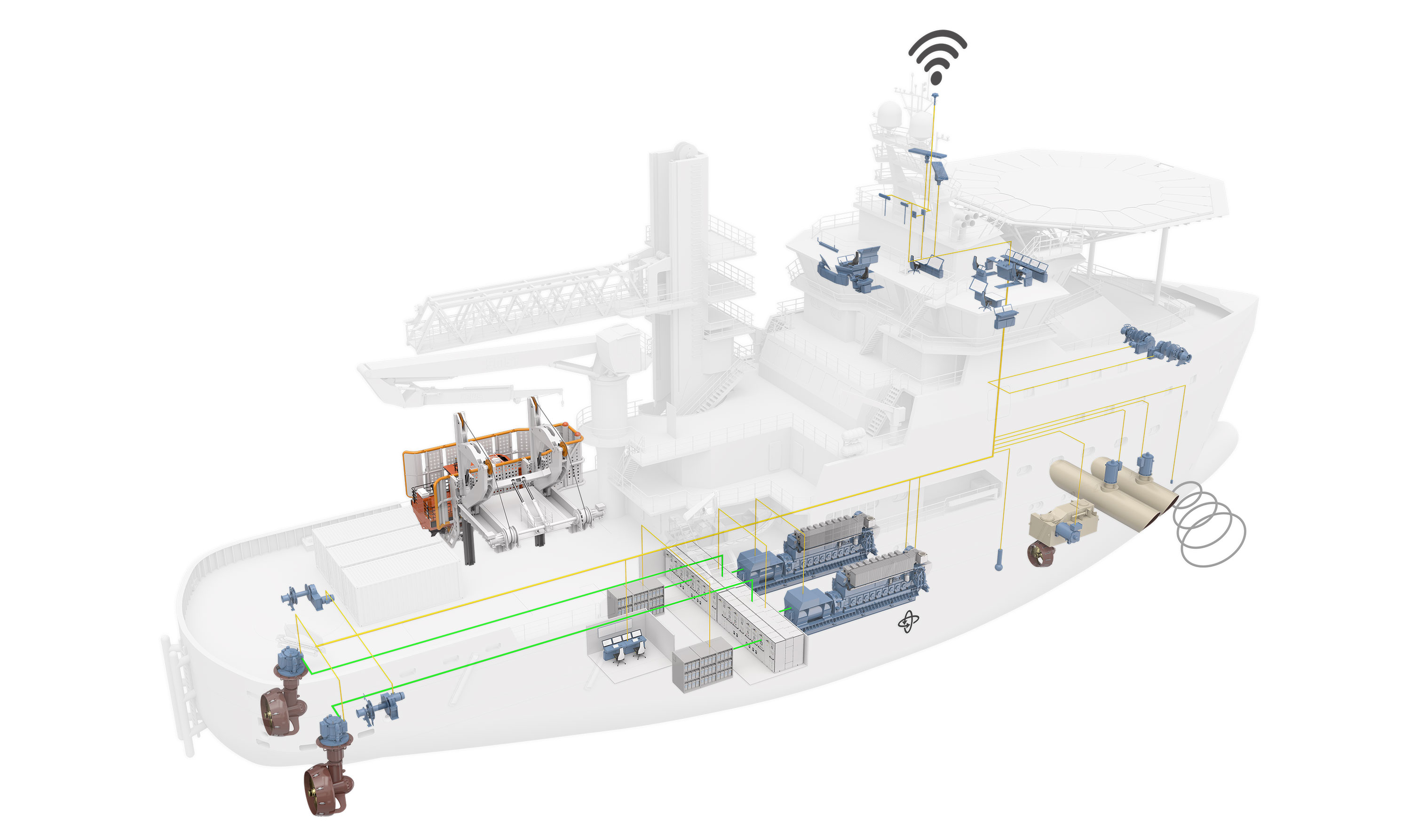 Semi‑transparent windfarm support vessel view showing onboard systems, energy flow, and connectivity between equipment