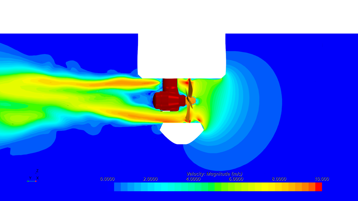 CFD velocity map of flow around a ship tunnel thruster and hull section, highlighting wake development