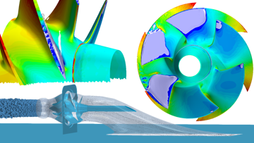 CFD visualisations of a waterjet, showing pressure distribution on the impeller and flow through the jet stream