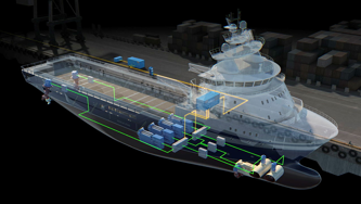 3D visualization of a vessel with a semi-transparent hull revealing internal onboard systems and components.