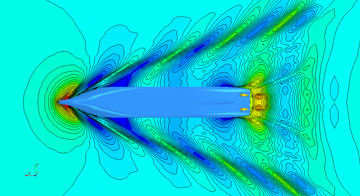 Bottom‑view CFD contour map of flow around a ship hull and Azipull propulsion, showing pressure distribution and wake patterns