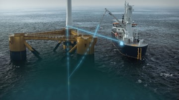 Offshore service vessel positioned beside a wind turbine foundation at sea, connected by glowing blue digital lines