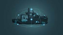 Side view of a vessel silhouette on a dark teal background, overlaid with glowing blue connection nodes and circular orbital lines surrounding the ship.