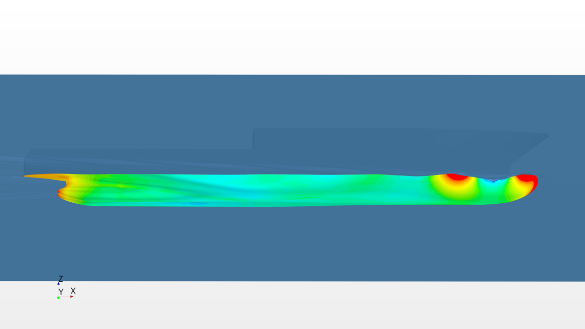CFD side view of a ship hull with colour‑coded pressure distribution and flow lines highlighting areas of high and low pressure along the underwater hull
