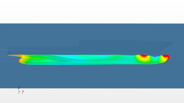 CFD side view of a ship hull with colour‑coded pressure distribution and flow lines highlighting areas of high and low pressure along the underwater hull