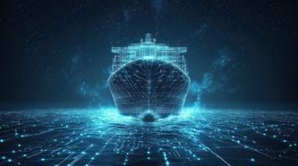 Front-facing view of a ship rendered as a glowing blue wireframe model emerging from a digital grid surface on the sea