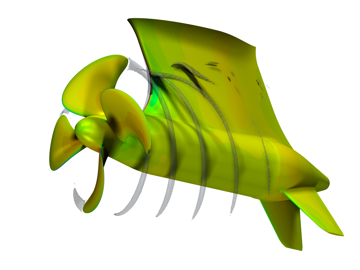 CFD visualisation of a podded propulsor showing pressure distribution