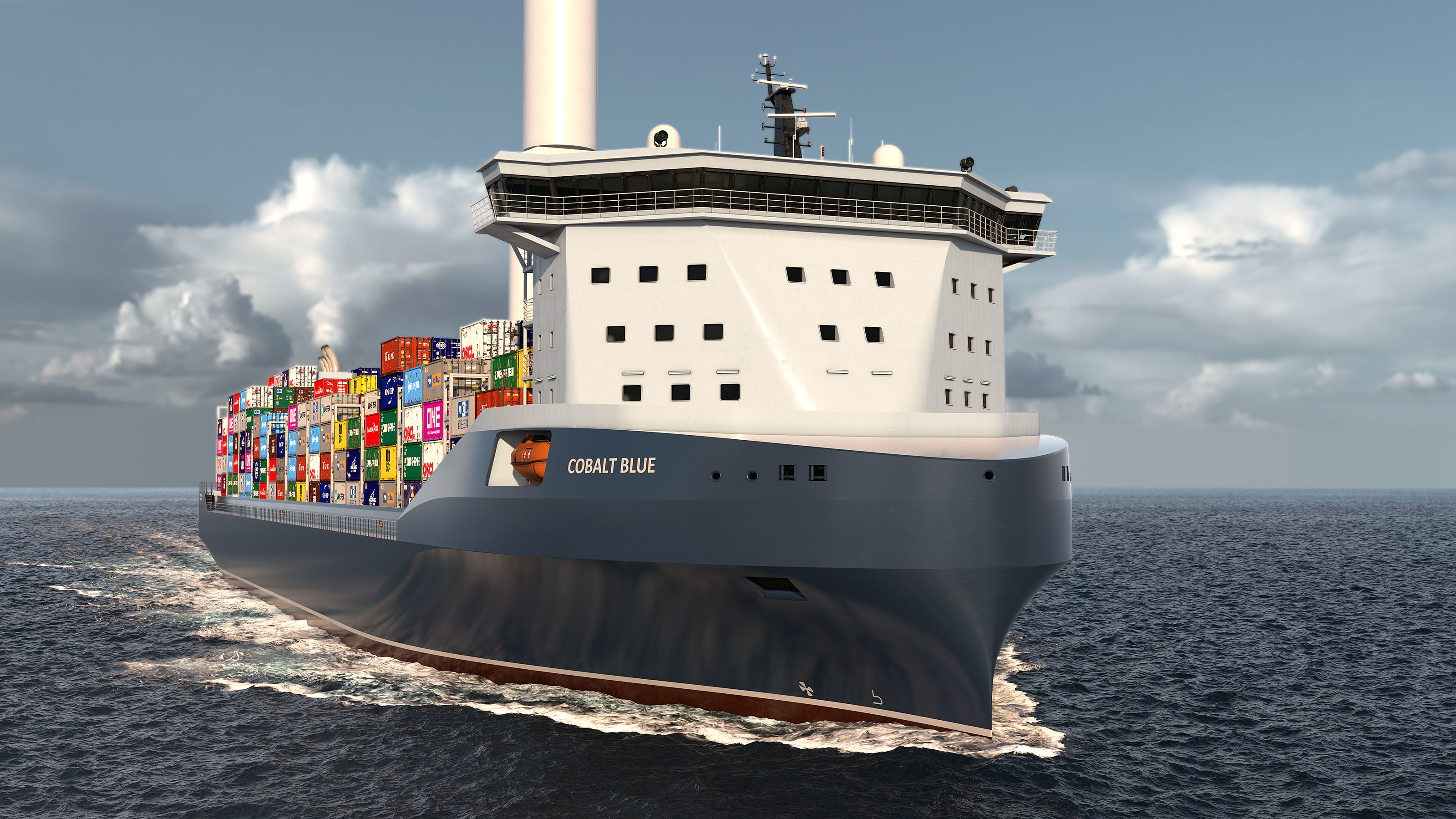 Kongsberg Maritime Container Feeder concept Cobolt Blue seen from infront of the bow.