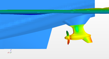 CFD pressure map of a single Azipull propulsor under a hull, showing pressure distribution