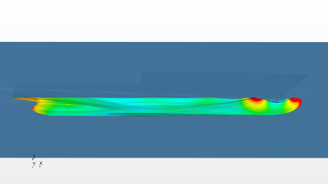 CFD side view of a ship hull with colour‑coded pressure distribution and flow lines highlighting areas of high and low pressure along the underwater hull