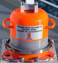 Orange maritime data recorder unit mounted on a deck, 