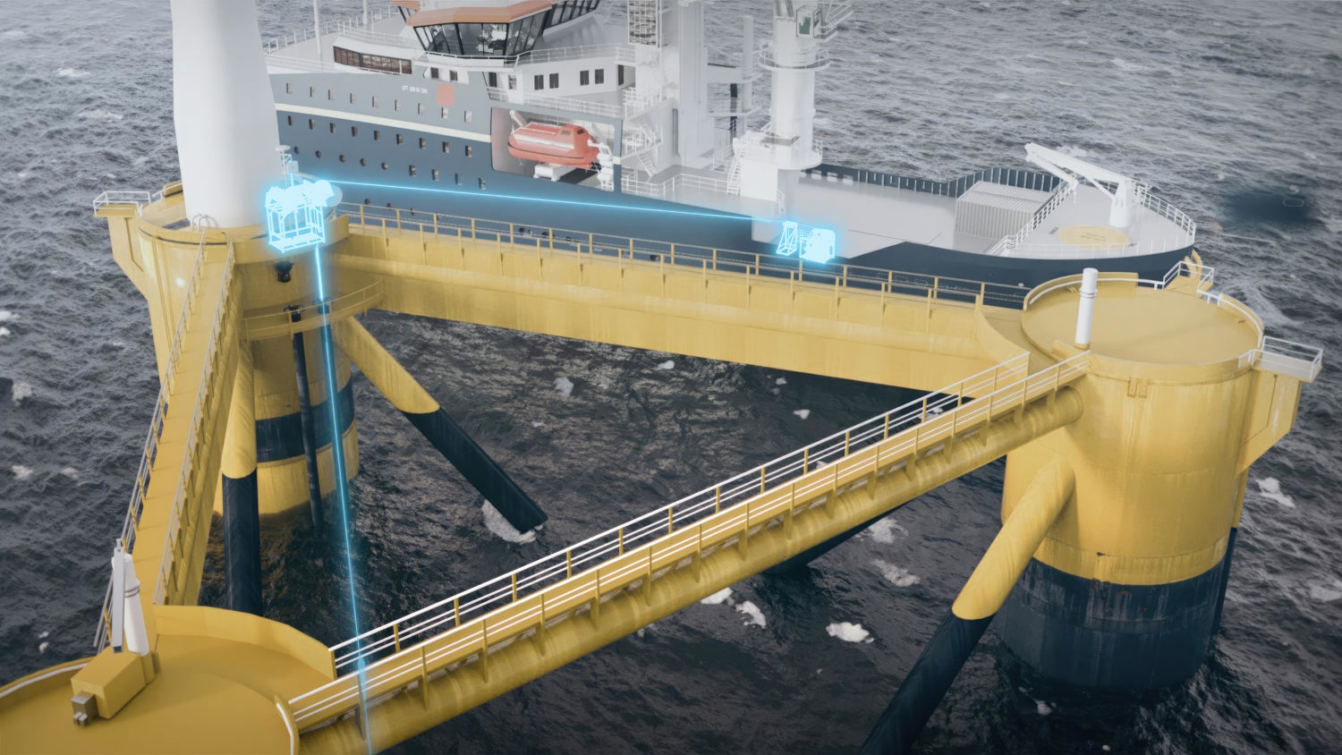 Close-up view of a yellow offshore wind turbine foundation structure with walkways and railings above the sea surface.