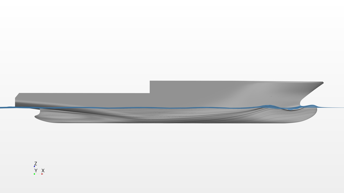 Side view of a ship hull with flow lines visualising water movement and wave patterns along the waterline