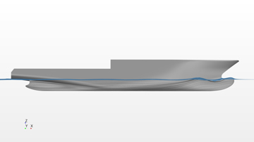 Side view of a ship hull with flow lines visualising water movement and wave patterns along the waterline