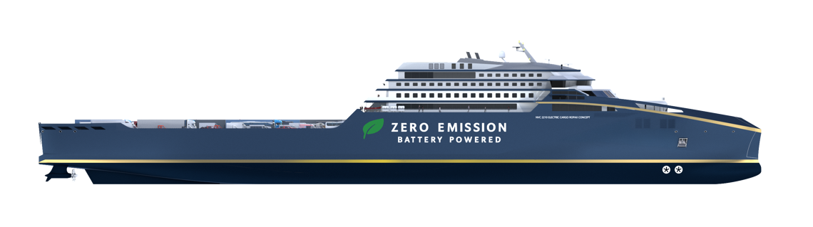 Side view illustration of a large battery-powered cruise ship labeled “Zero Emission Battery Powered.