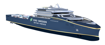  illustration of a large battery-powered cruise ship labeled “Zero Emission Battery Powered.