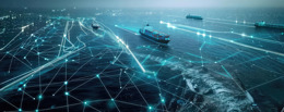 Wide view of open ocean with several vessels—including cargo ships and smaller boats—connected by an overlay of glowing blue digital lines and nodes forming a network across the water’s surface. T