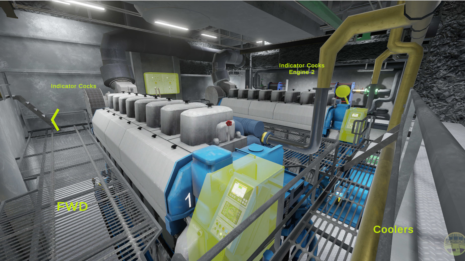 A detailed 3D-rendered view of an industrial engine room or machinery space, showing a row of large white generator units aligned along a grated metal floor.