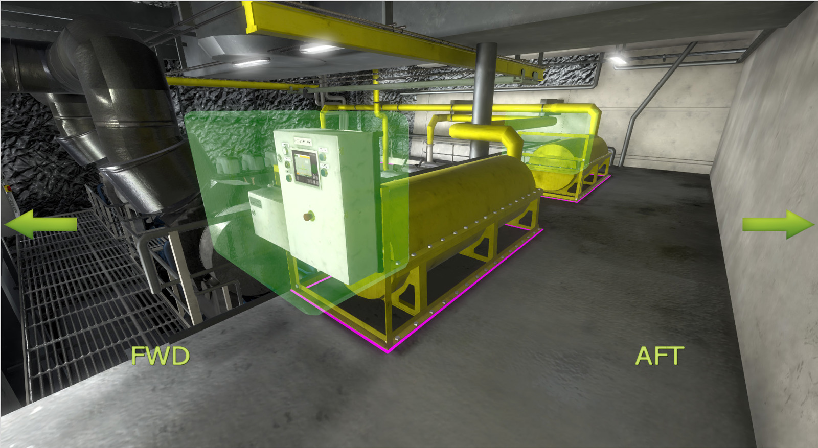 A 3D-rendered industrial machinery space showing a large rectangular equipment unit mounted on a yellow steel frame, viewed from the side on a concrete floor.