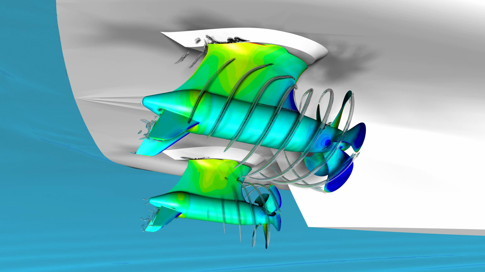 3D CFD visualisation of a podded propulsors showing flow distribution around the system