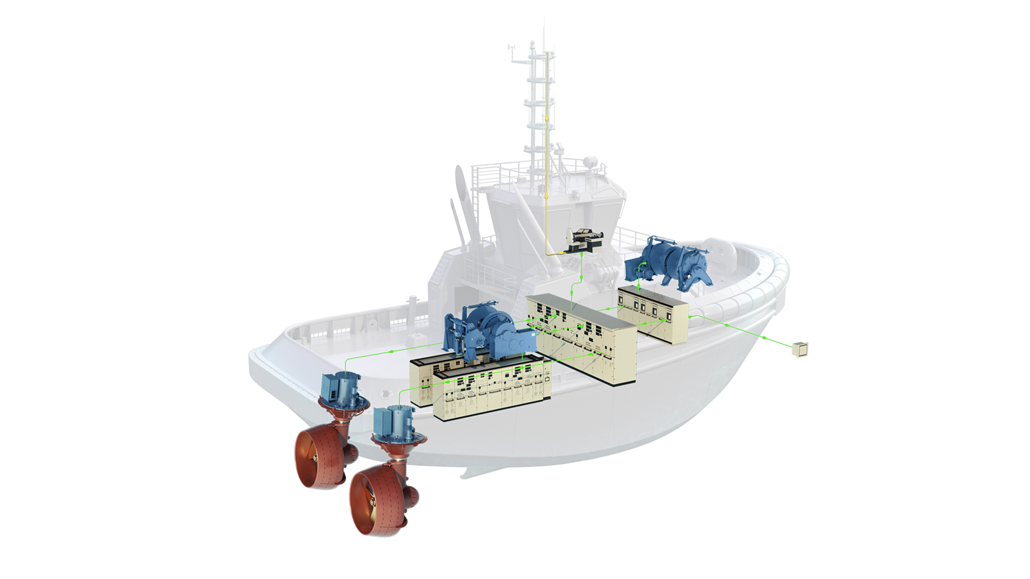 A semi-transparent 3D visualization of a vessel is shown against a gray background, with key onboard systems highlighted in solid colors.