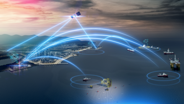 Connected maritime ecosystem with vessels, offshore assets, and port infrastructure linked via satellite and wireless data networks