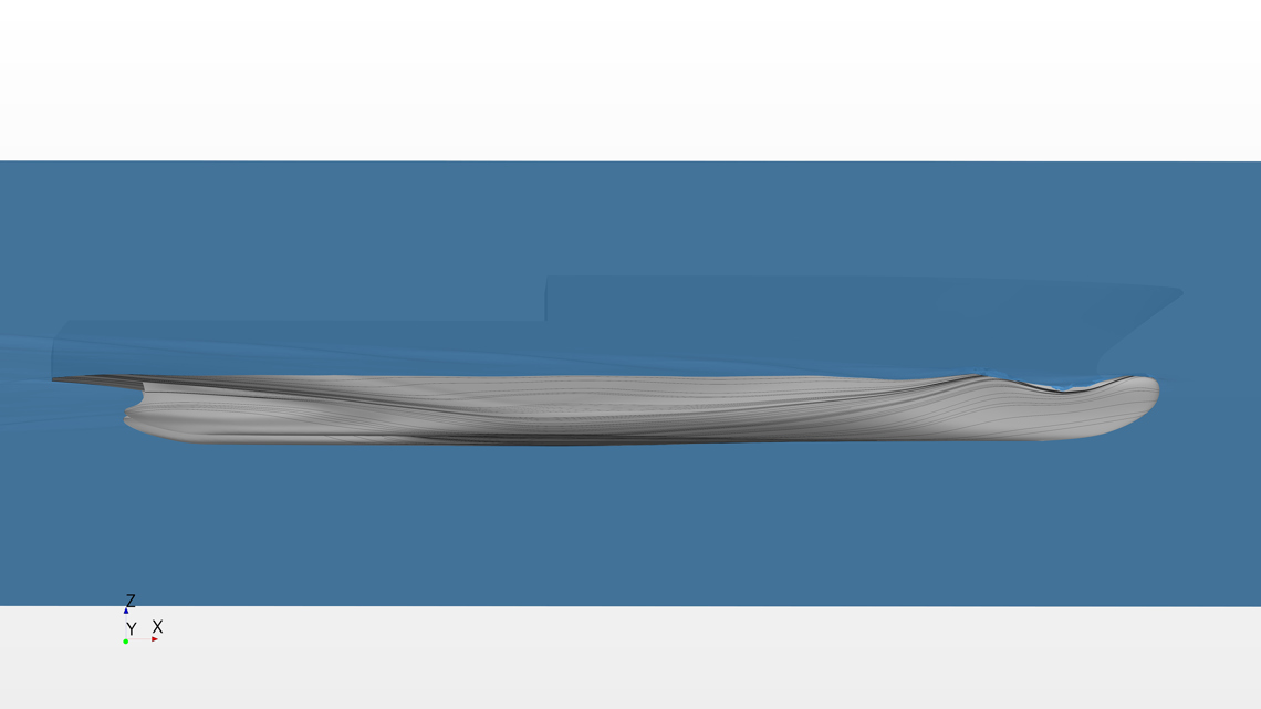 Side view CFD visualisation of a ship hull in water, showing wave patterns and flow lines along the hull surface