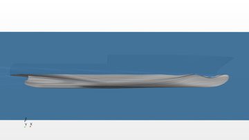 Side view CFD visualisation of a ship hull in water, showing wave patterns and flow lines along the hull surface