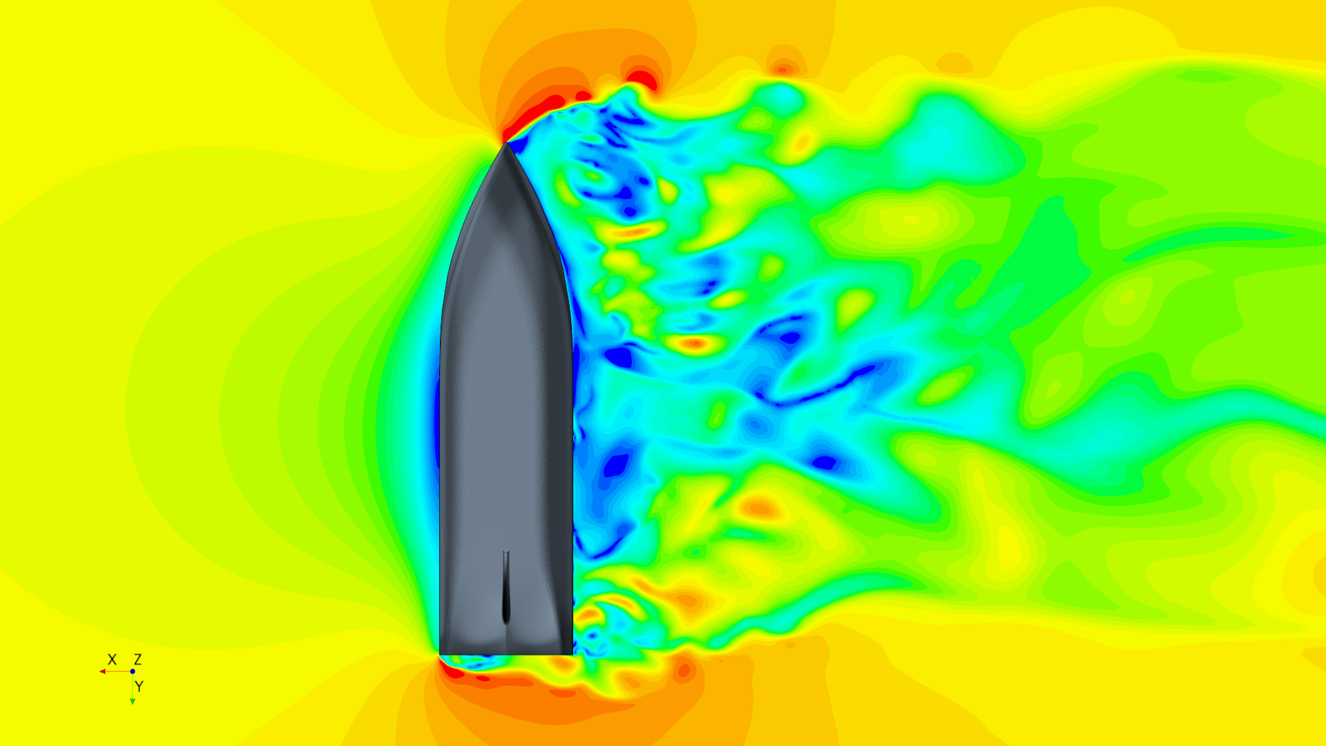 CFD visualisation of flow around a ship hull, with colour‑coded pressure contours and turbulent wake patterns