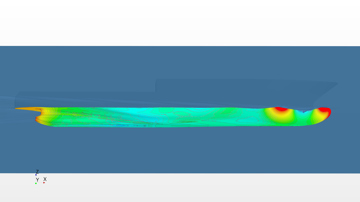 CFD side view of a ship hull with colour‑coded pressure distribution and flow lines highlighting areas of high and low pressure along the underwater hull