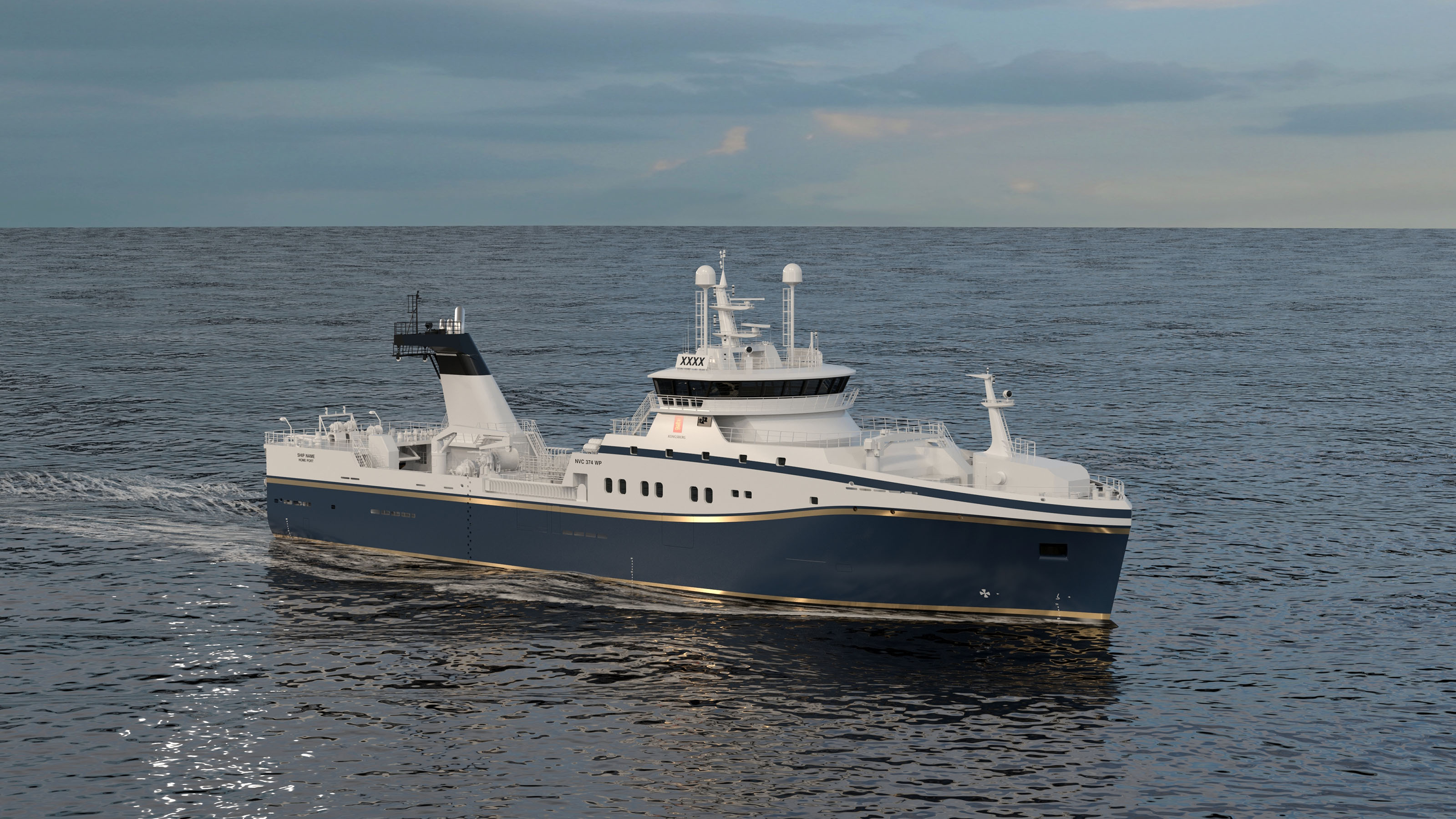 A 3D rendering shows a stern trawler vessel motoring in calm, open seas with a cloudy sky